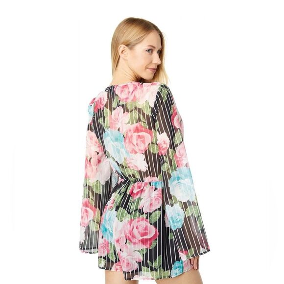 Bebe Floral Tie Front Romper Size M – Sheer Flutter Sleeves Black Stripe Print - Picture 2 of 9